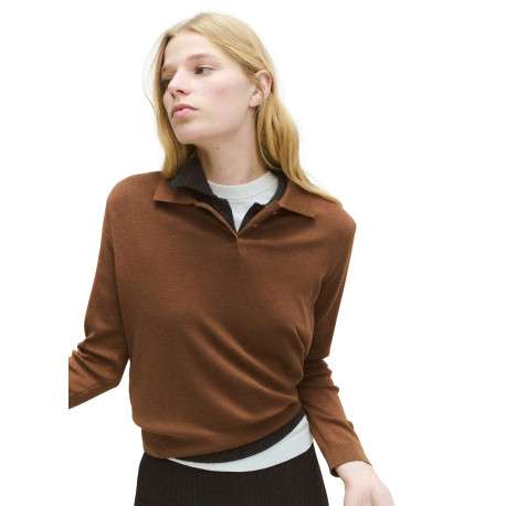 Pull en coton et laine chocolat uni avec une coupe droite et un col polo - Image 5