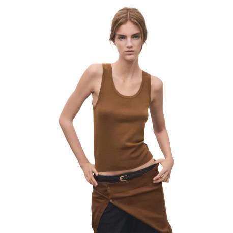 Débardeur court en coton et laine marron uni avec une coupe ajustée - Image 2