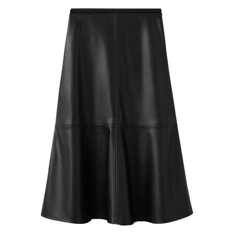 Jupe midi noire uni en simili-cuir avec une coupe évasée et fermeture zippée