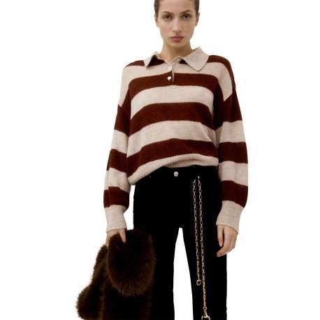 Pull écru à rayures bordeaux avec une coupe droite et un col polo - Image 2