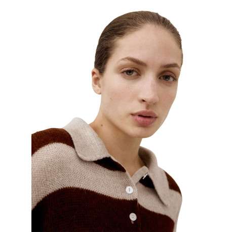 Pull écru à rayures bordeaux avec une coupe droite et un col polo - Image 4