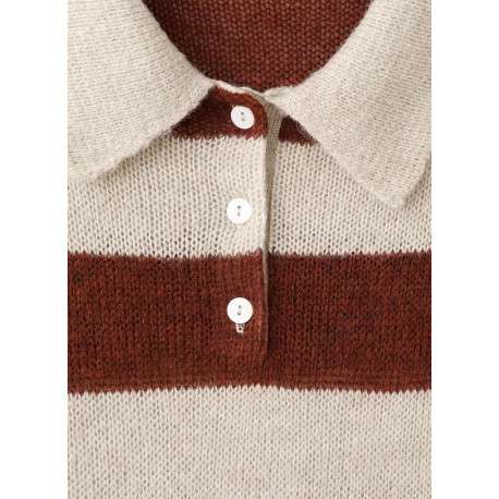 Pull écru à rayures bordeaux avec une coupe droite et un col polo - Image 7
