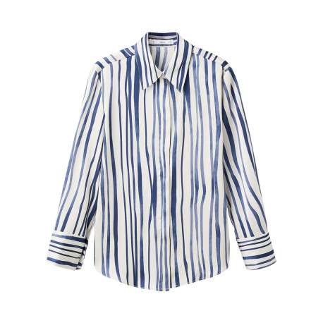 Chemisier blanc à rayures bleues avec une coupe droite et un col à revers