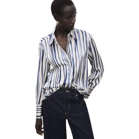 Chemisier blanc à rayures bleues avec une coupe droite et un col à revers - Image 4