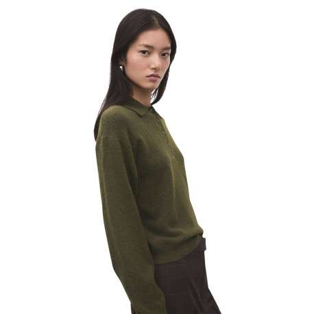 Pull kaki uni en maille fine avec une coupe droite et un col polo - Image 3