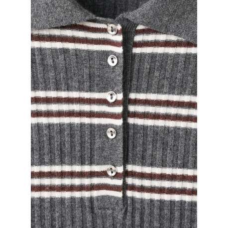 Pull gris à rayures blanches avec une coupe ajustée et un col polo - Image 5