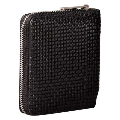 Portefeuille en cuir noir uni avec maille tressée et rangements - Image 2