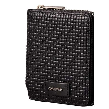 Portefeuille en cuir noir uni avec maille tressée et rangements - Image 4