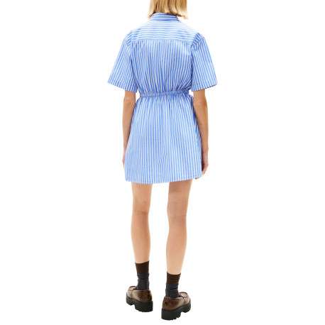 Robe courte en coton bleue à rayures avec une coupe cintrée et un col à revers - Image 3