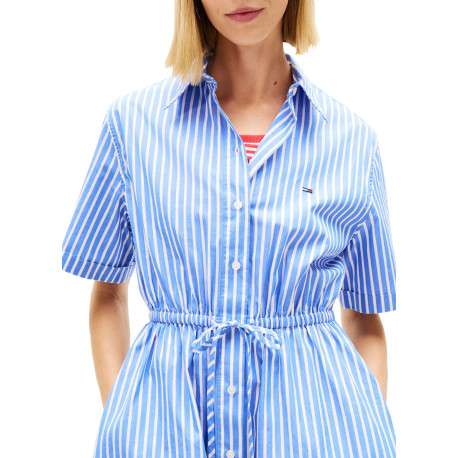 Robe courte en coton bleue à rayures avec une coupe cintrée et un col à revers - Image 4