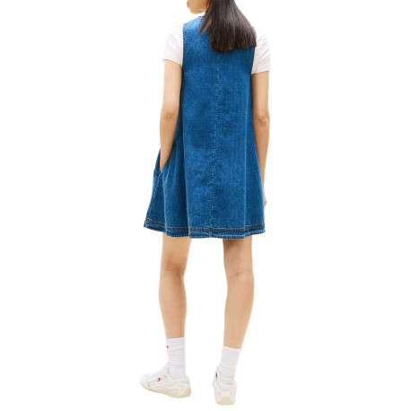 Robe courte en coton indigo unie avec une coupe trapèze et un col rond - Image 3
