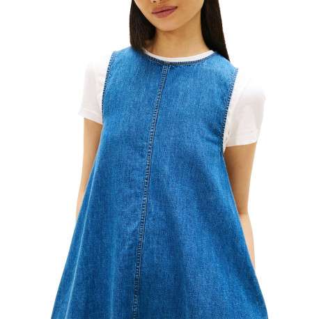 Robe courte en coton indigo unie avec une coupe trapèze et un col rond - Image 4