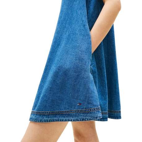 Robe courte en coton indigo unie avec une coupe trapèze et un col rond - Image 5