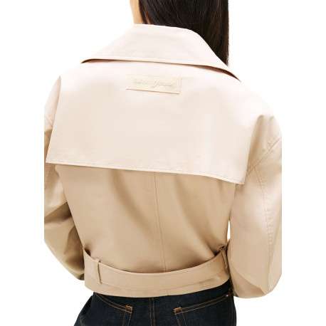 Manteau Trench court en coton mélangé beige uni avec une coupe droite - Image 3