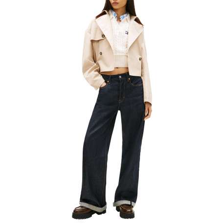 Manteau Trench court en coton mélangé beige uni avec une coupe droite - Image 4