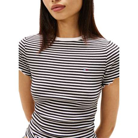 T-shirt en coton noir à rayures avec une coupe moulante et un col rond - Image 5