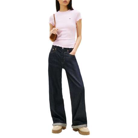 T-shirt en coton rose uni avec une coupe moulante et un col rond - Image 2