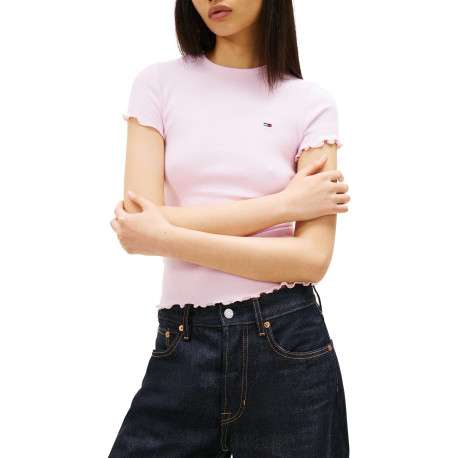T-shirt en coton rose uni avec une coupe moulante et un col rond - Image 4