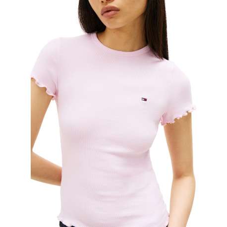 T-shirt en coton rose uni avec une coupe moulante et un col rond - Image 5