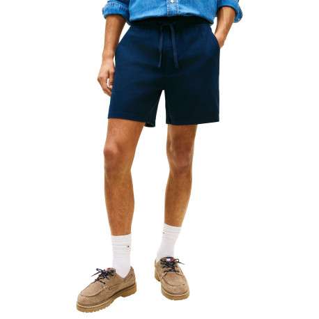 Short Jogging en lin et coton marine uni avec une taille élastiquée - Image 2