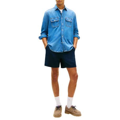 Short Jogging en lin et coton marine uni avec une taille élastiquée - Image 4