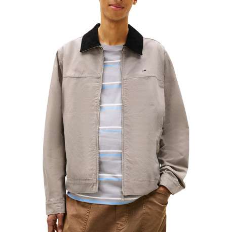 Blouson en coton biologique taupe uni avec une coupe droite et un col à revers - Image 2