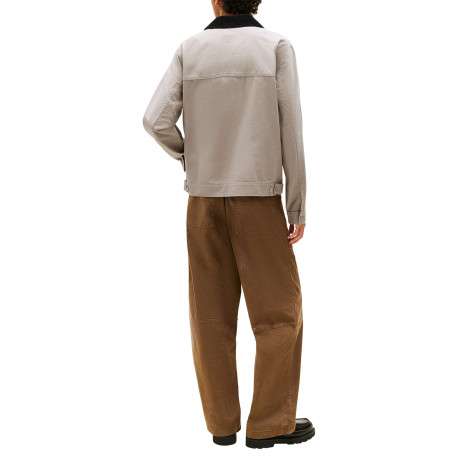 Blouson en coton biologique taupe uni avec une coupe droite et un col à revers - Image 3