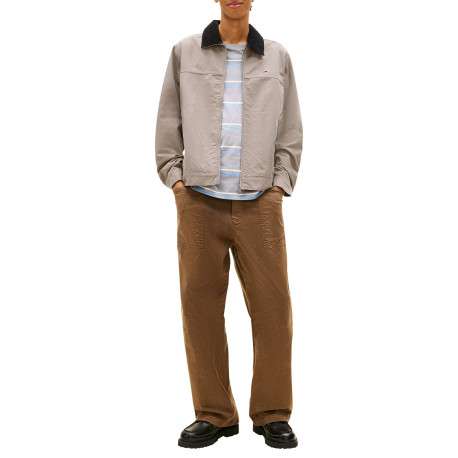 Blouson en coton biologique taupe uni avec une coupe droite et un col à revers - Image 4