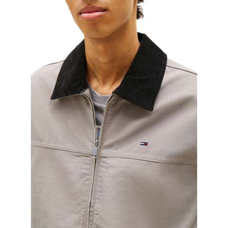 Blouson en coton biologique taupe uni avec une coupe droite et un col à revers - Image 5