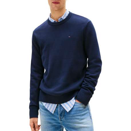Pull en coton marine uni avec une coupe droite et un col rond - Image 2