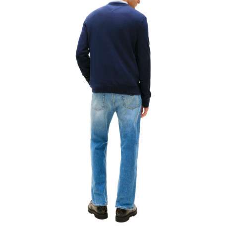 Pull en coton marine uni avec une coupe droite et un col rond - Image 3
