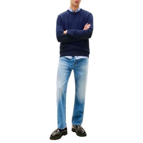 Pull en coton marine uni avec une coupe droite et un col rond - Image 4