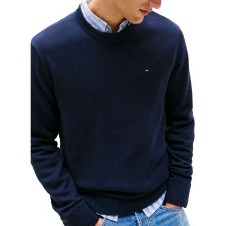 Pull en coton marine uni avec une coupe droite et un col rond - Image 5