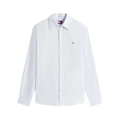 Chemise en lin et coton bleu clair unie avec une coupe droite et un col à revers