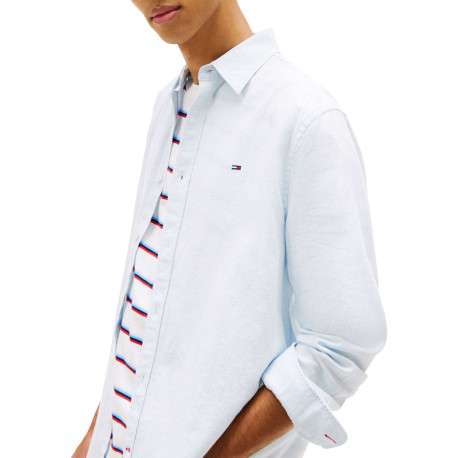 Chemise en lin et coton bleu clair unie avec une coupe droite et un col à revers - Image 5