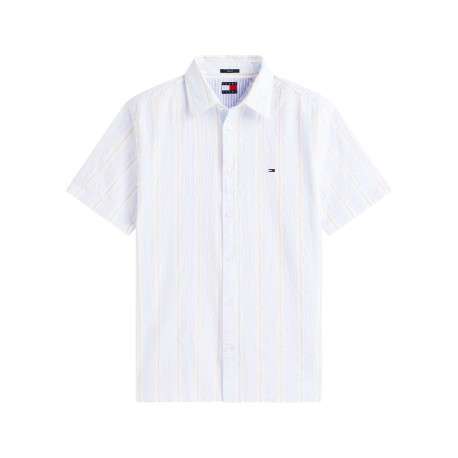 Chemise en coton bleu clair à rayures avec une coupe droite et un col à revers