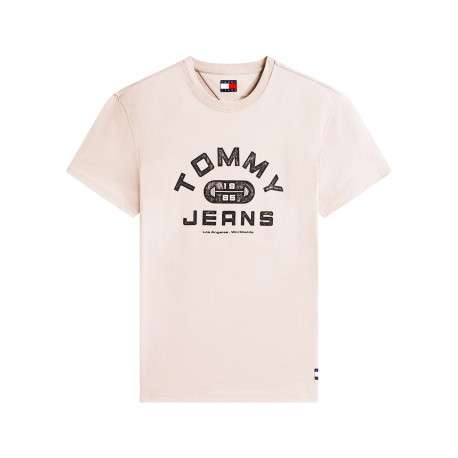 T-shirt en coton beige imprimé avec une coupe droite et un col rond