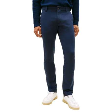 Pantalon Chino en coton marine uni avec une coupe slim à zip et à bouton