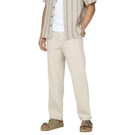 Pantalon Jogging en coton et lin mélangé écru uni avec une coupe droite