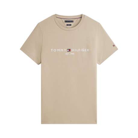 T-shirt en coton beige à coupe droite pourvu d'un col rond finement côtelé