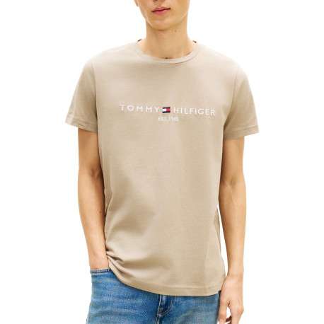 T-shirt en coton beige à coupe droite pourvu d'un col rond finement côtelé - Image 2