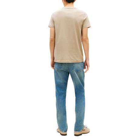 T-shirt en coton beige à coupe droite pourvu d'un col rond finement côtelé - Image 3