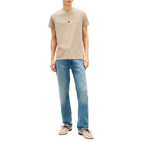 T-shirt en coton beige à coupe droite pourvu d'un col rond finement côtelé - Image 5