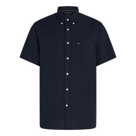 Chemise en coton marine en maille texturée pourvue d'un col à revers