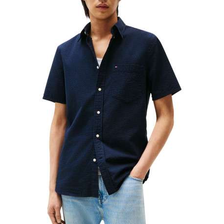 Chemise en coton marine en maille texturée pourvue d'un col à revers - Image 3