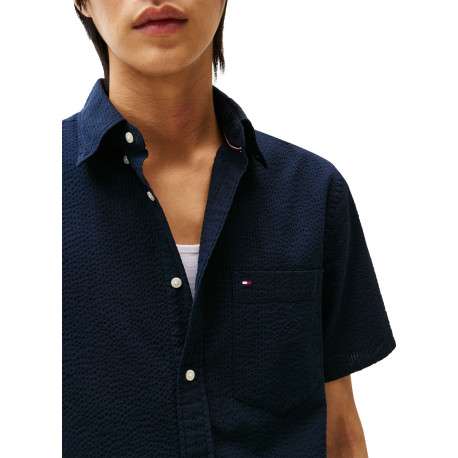 Chemise en coton marine en maille texturée pourvue d'un col à revers - Image 5