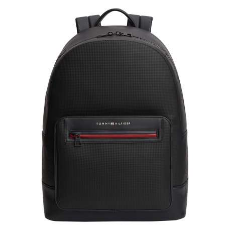 Sac à dos noir pourvu de fermetures zippées et du nom de la marque