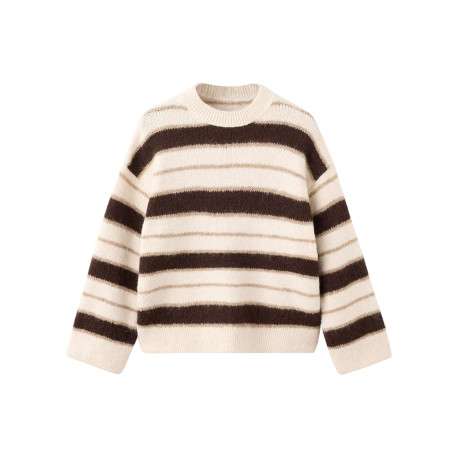 Pull écru à rayures marron avec une coupe droite et un col rond