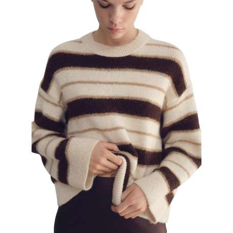 Pull écru à rayures marron avec une coupe droite et un col rond - Image 4