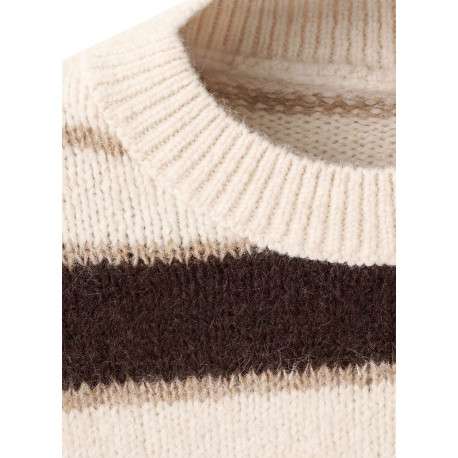 Pull écru à rayures marron avec une coupe droite et un col rond - Image 6